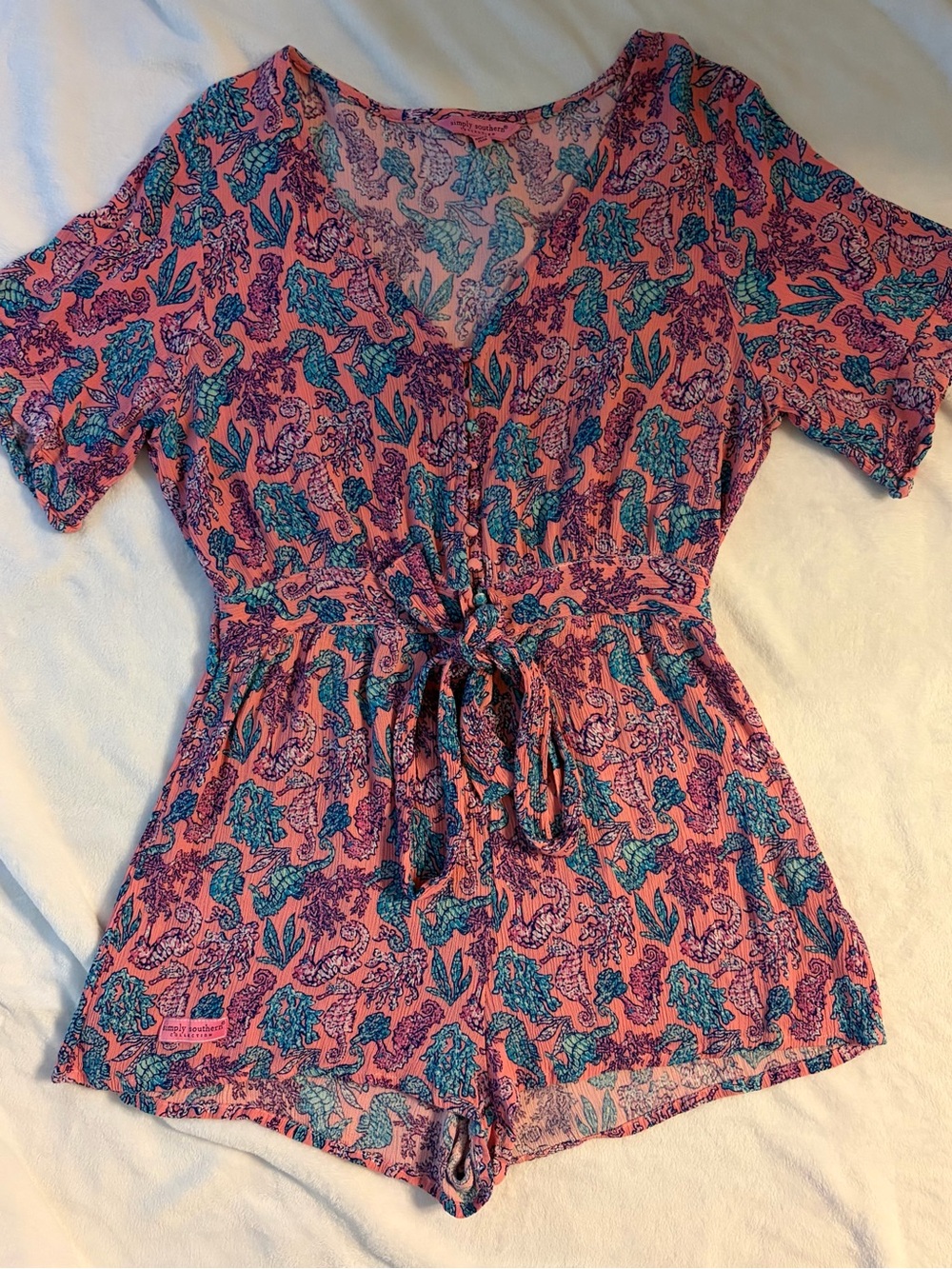 Simply Southern Seahorse & Coral Print V-Neck Romper Size Large